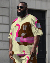 Big Men's Humor Chimpanzee with Swim Ring Printed Casual Short Sleeve T-Shirt Shorts Set